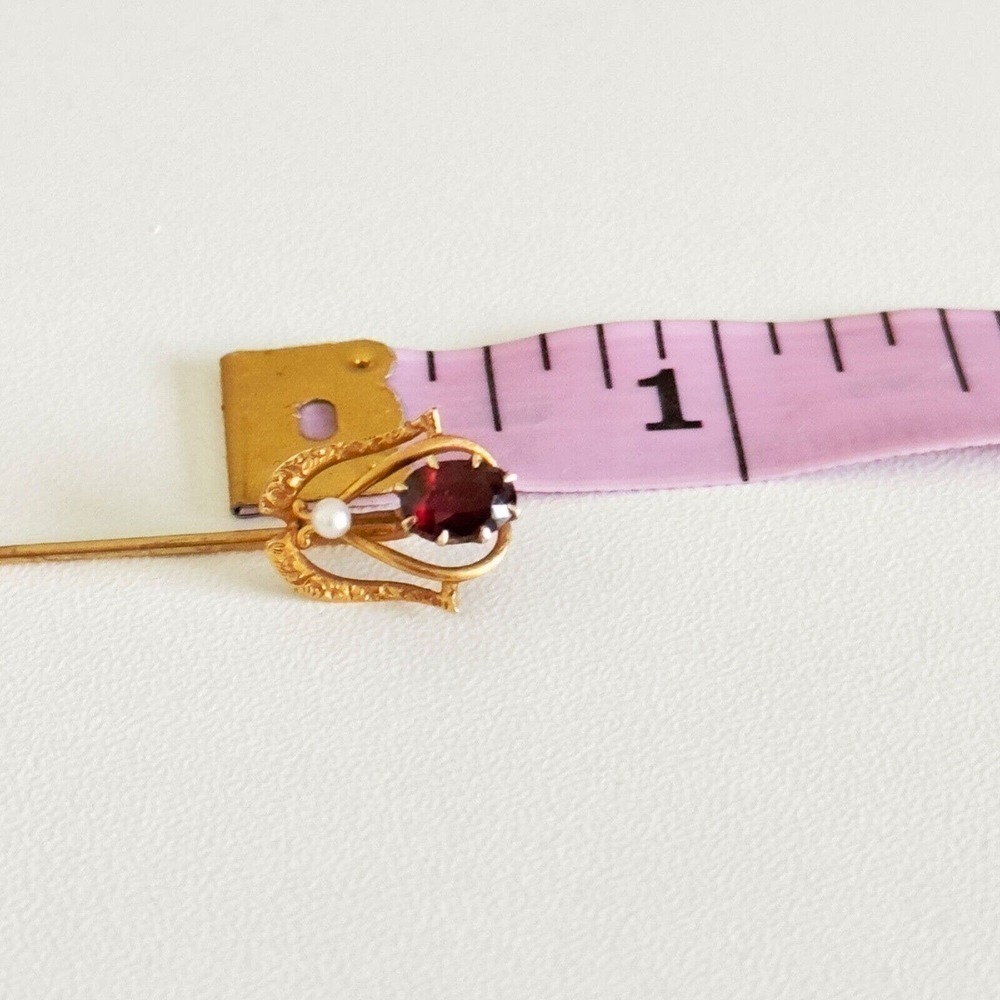 Antique 14k Yellow Gold Garnet Seed Pearl Stick Pin - Picture 11 of 13